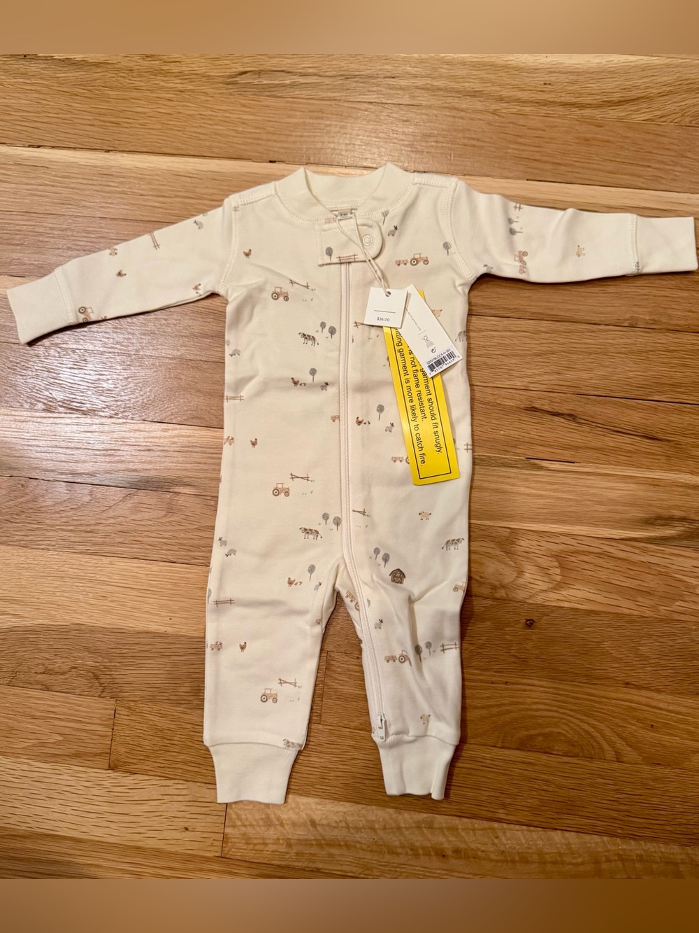 Quincy Mae NWT Cream Printed Baby One-Piece Zipper Footie Farm Tractor Size 0-3